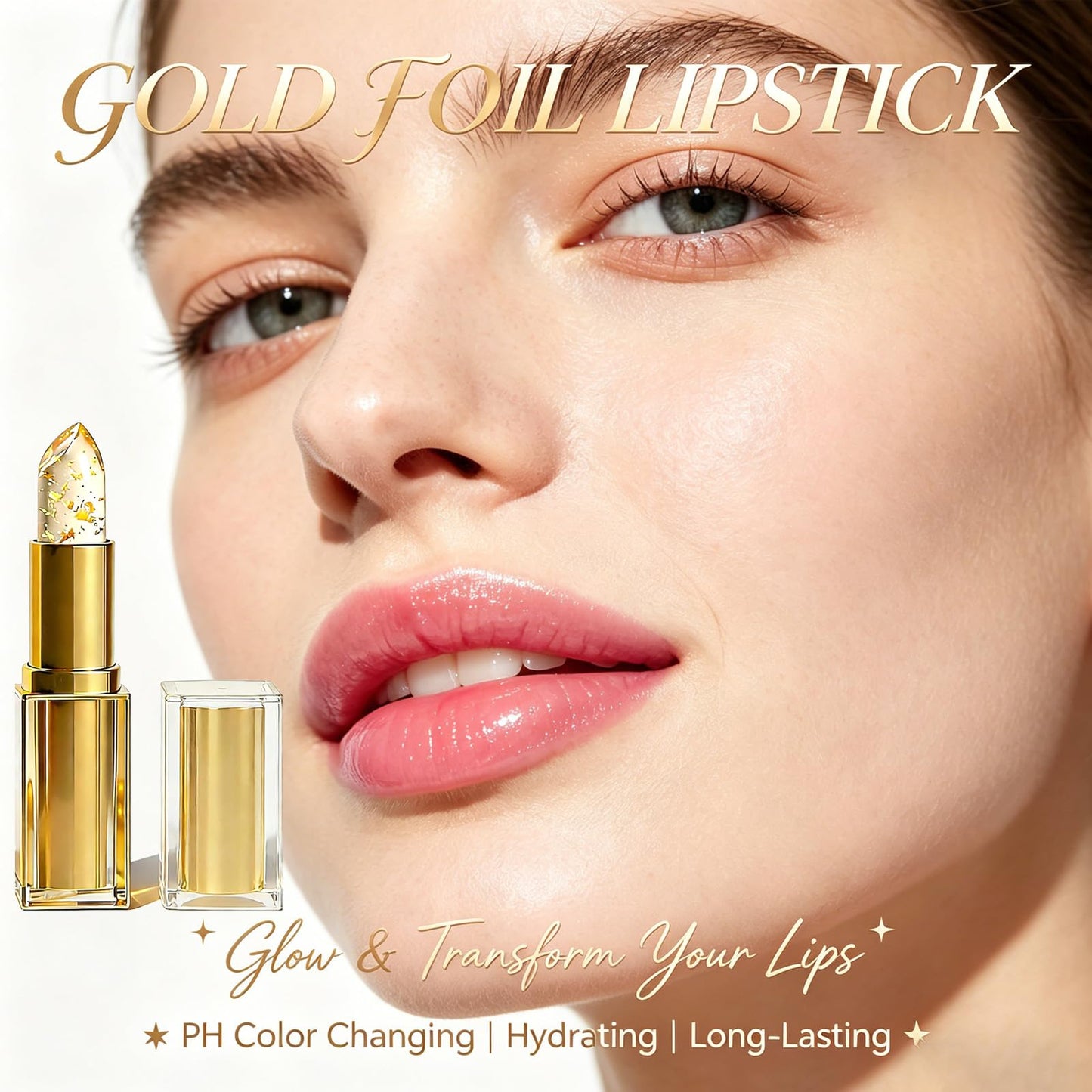 DENESTUP Color Changing Lipstick, Clear Lipstick Gold Foil Crystal Ph Adjusting Lip Stick, Color Changing Ph Lip Balm, True Tone Ph Adjusting Lipsticks for Women
