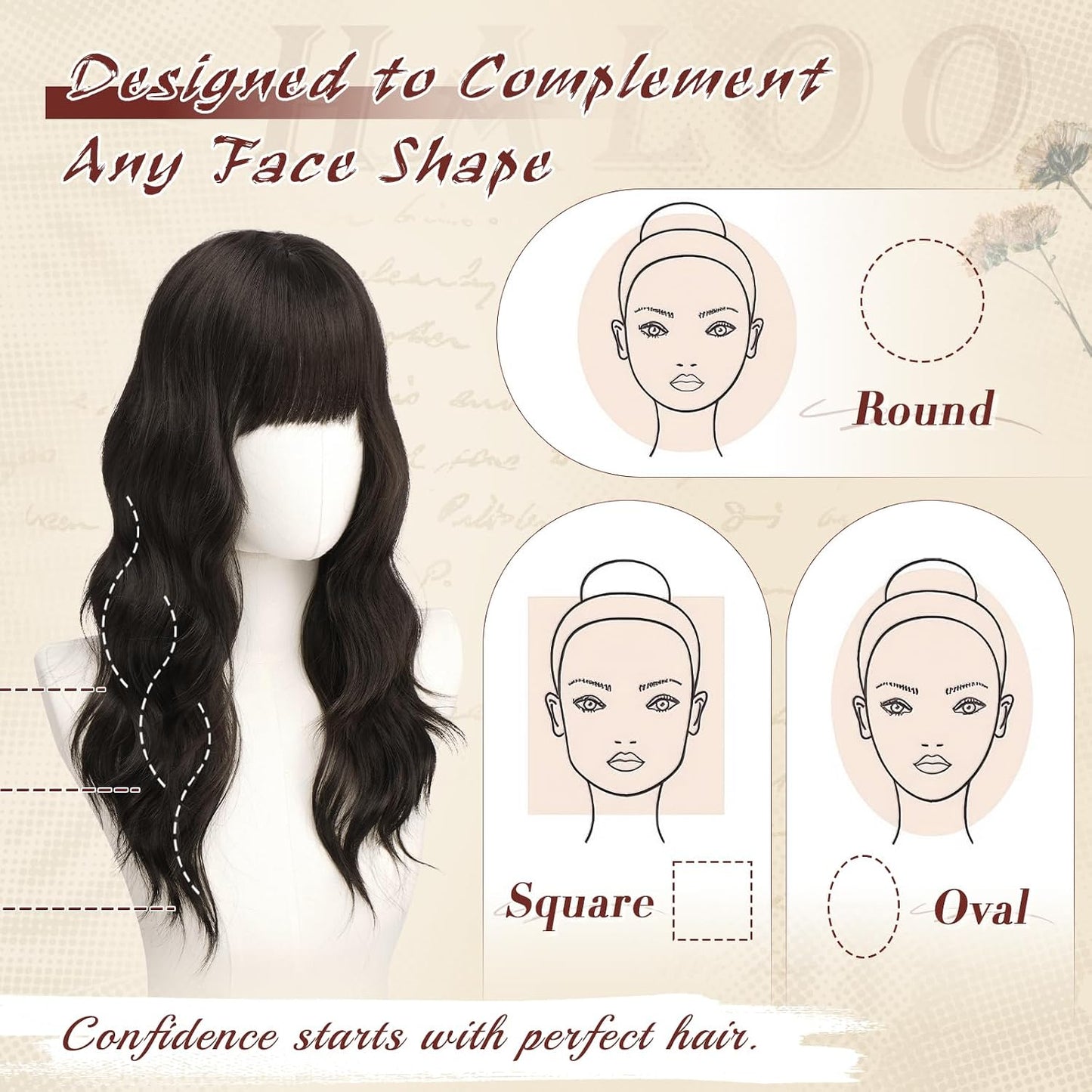 Brown Wigs with Bangs - 20-Inch Long Soft Wavy Synthetic Heat-Resistant Hair Wig for Women | Natural Look