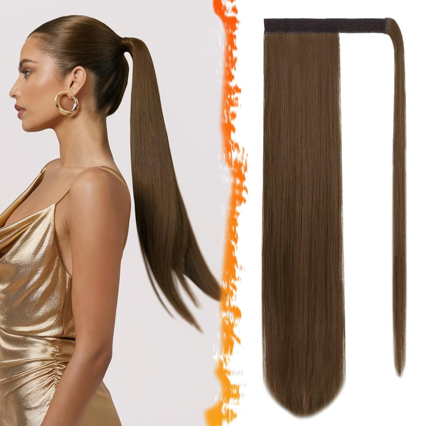 Dark Brown Straight Wrap Ponytail Extension - 24 Inch Clip-In Hairpiece for Black Women | Synthetic Hair