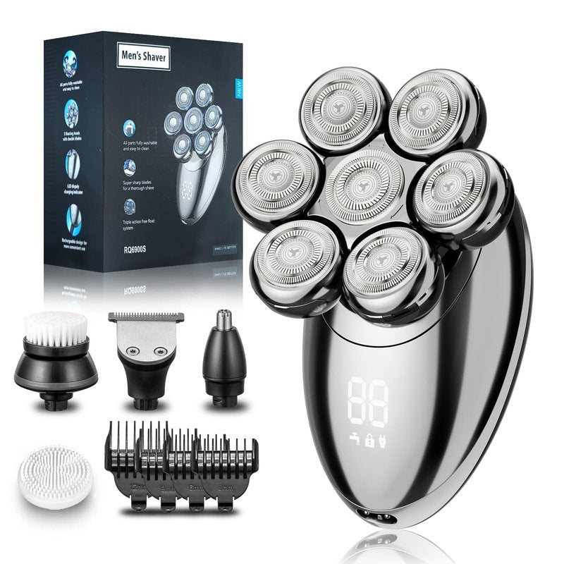 Head Shaver for Bald Men, 7D Electric Rechargeable Wet/Dry Shaving Razor with LED Display, 5-in-1 Grooming Kit Waterproof Bald Head Trimmer, Ideal Gift for Men (Silver)