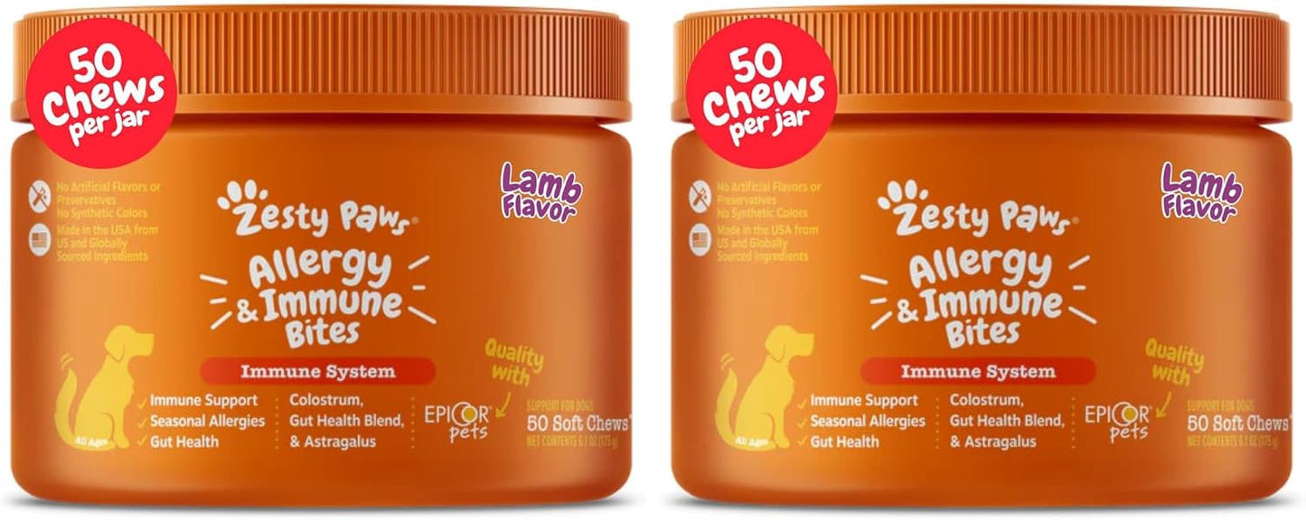Zesty Paws Allergy Immune Bites - Dog Allergy Chews for Itchy Skin & Ears | Lamb Flavor, 90 Count