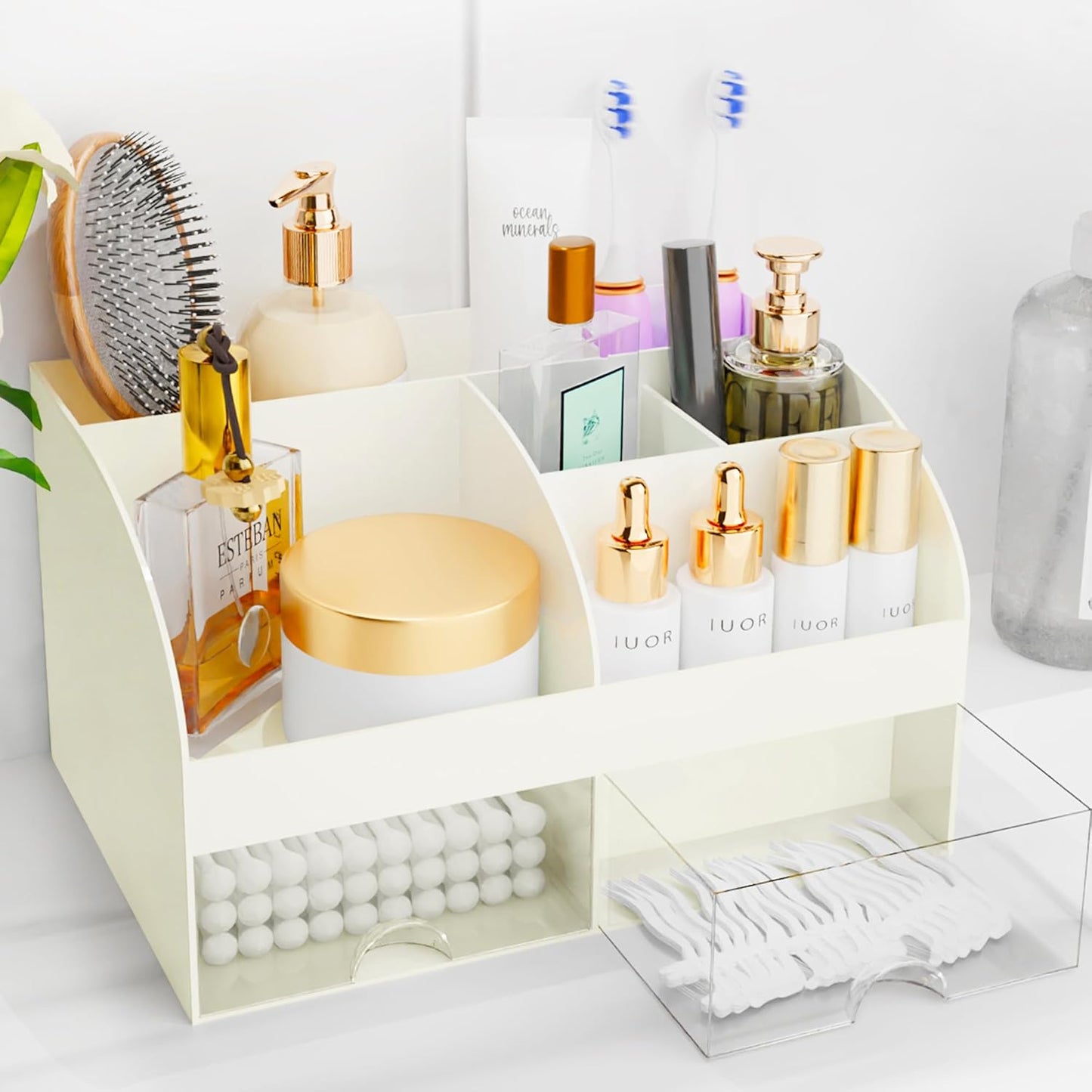 Makeup Organizer - Cosmetic Storage with Drawers for Vanity & Bathroom | White Beauty Holder for Lipstick & Brushes