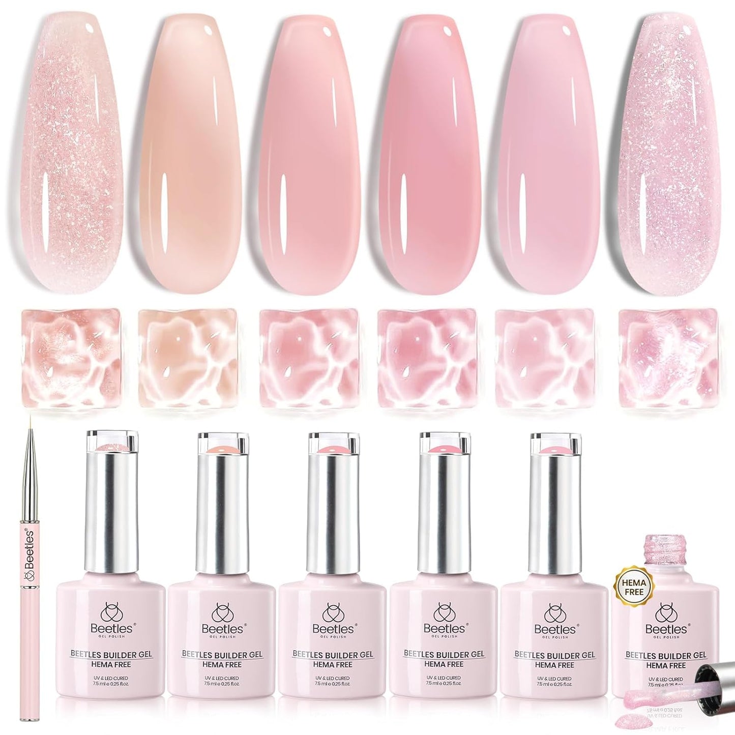 Beetles Builder Gel Set - HEMA-Free Nail Extension Gel | 6 Peach Colors, 8-in-1 Strengthening Formula for DIY Nail Art