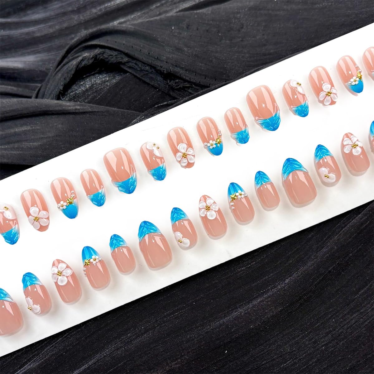 Short Almond Press-On Nails - 24 Pcs French Tip with Leopard Print & Gold Beads | Reusable Acrylic Nail Designs for Women