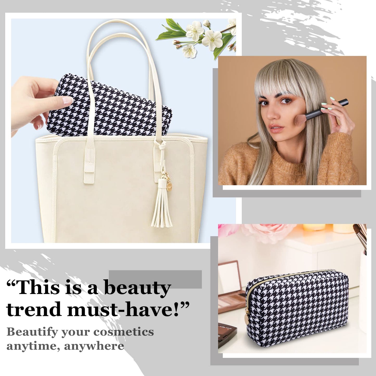 Nylon Small Makeup Bag for Purse, Cute Makeup Pouch Bag Preppy Cosmetic Zipper Pouch Purse, Portable Travel Toiletry Bag Clutch Makeup Brush Bag Organizer Storage for Ladies Girls(Black Houndstooth)