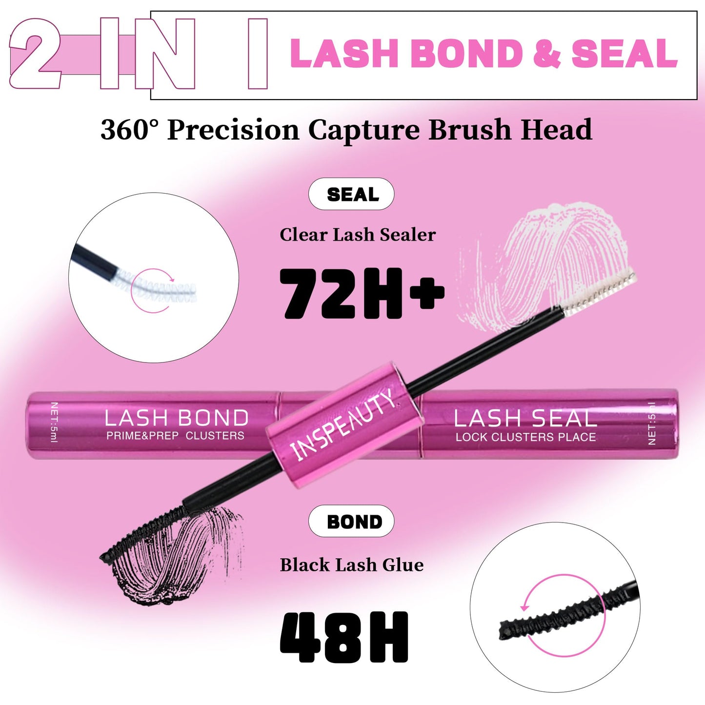 Lash Cluster Glue, Lash Bond and Seal for Eyelash Clusters, 5ml+5ml Bond and Seal, Waterproof, 2-in-1 Home Use, Strong Hold for 72H