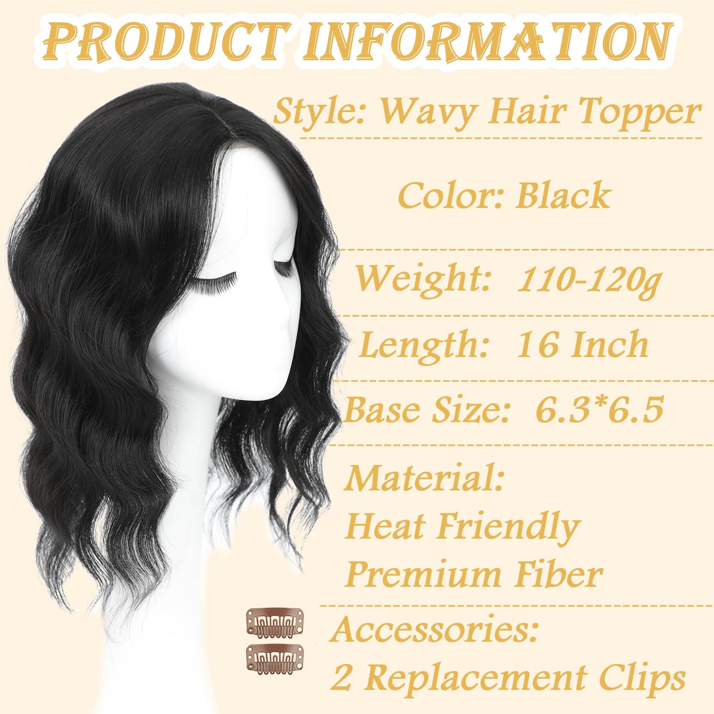 16 Inch Hair Topper for Women with Thinning Hair, Synthetic Curly Wavy Clip-In Topper with Curtain Bangs Natural Looking Crown Coverage Lightweight Hair Piece for Volume(Black)