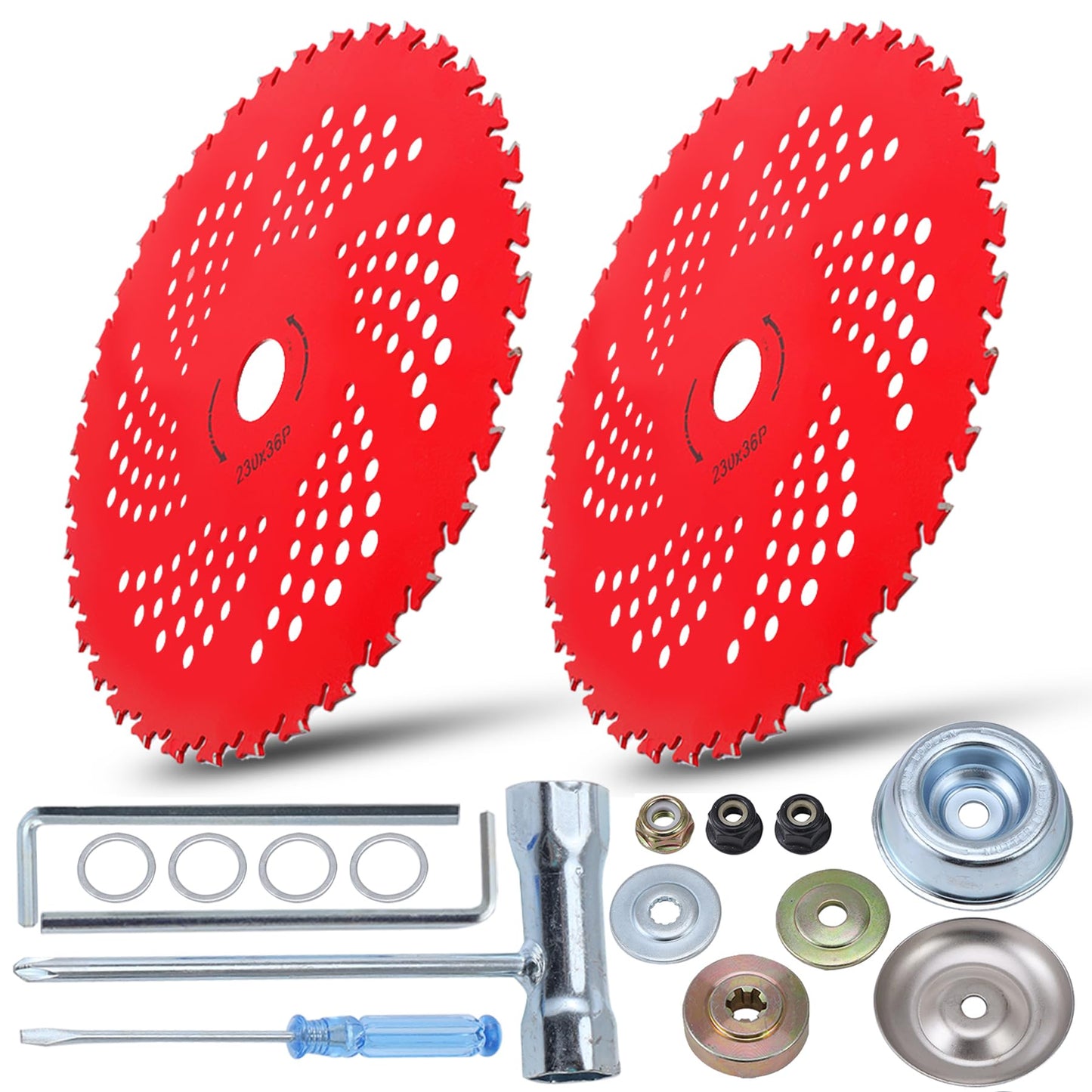 PLAXNS 2pack 9" x 36 Teeth Carbide Tipped Brush Cutter Blades,Universal Weed Eater Blades Metal with Universal Adapter Kit, for Brush Cutter, Trimmer, Weed Eater