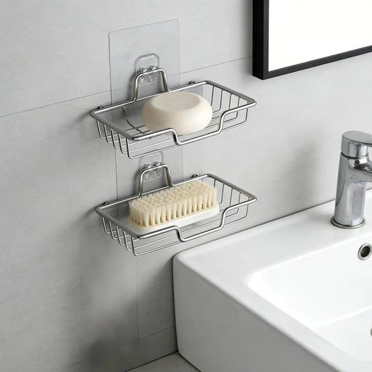 2 Pack Soap Holder for Shower Wall, Stainless Steel Wall Mounted Soap Dish with Draining Tray, No Drilling Adhesive Bar SoapSponge Holder for Bathroom and Kitchen, Silver
