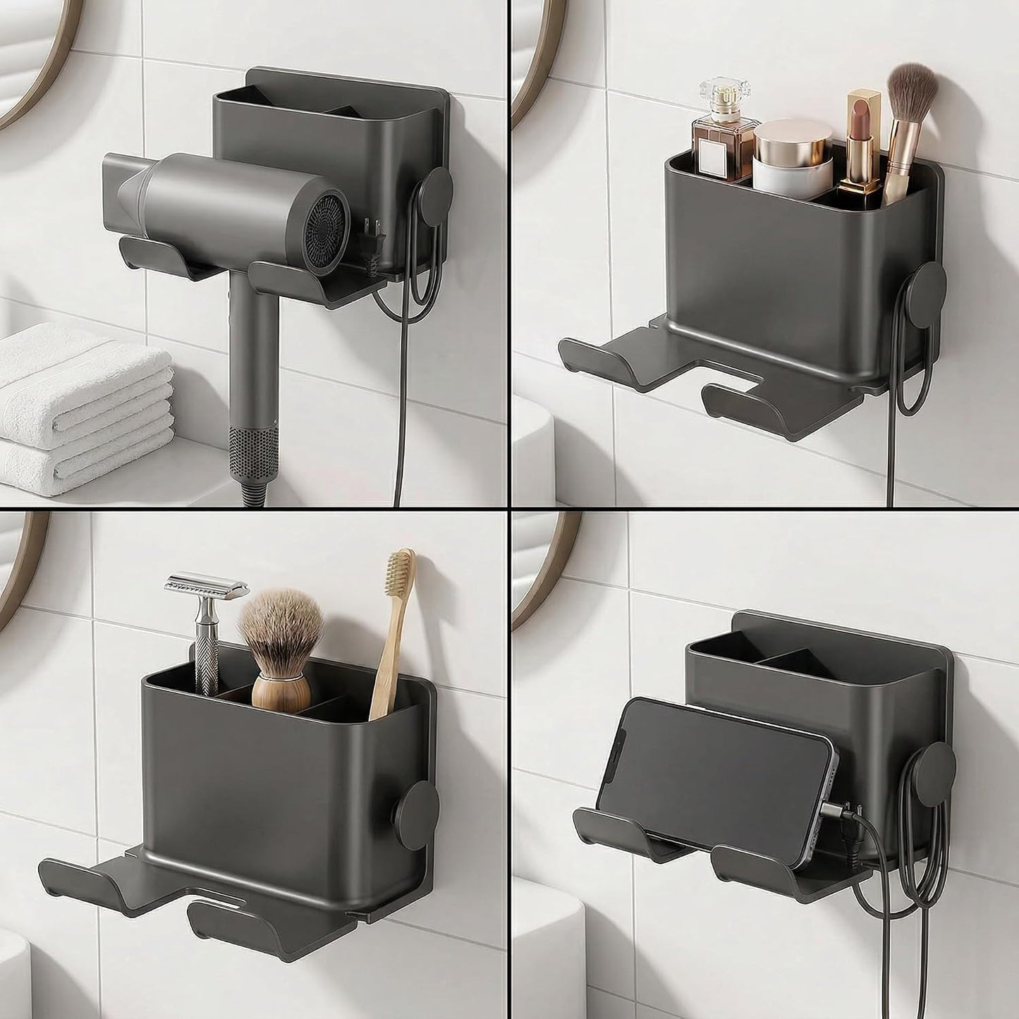 Wall Mounted Bathroom Organizer Rack - No Drill Adhesive Storage Holder for Hair Dryer, Combs, Makeup | Durable Grey Plastic