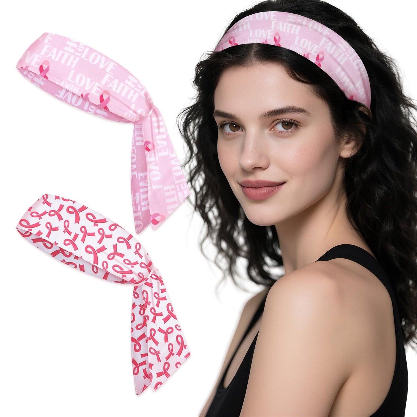 ABTOLS 2PCS Breast Cancer Awareness Tie Sweatband Headband for Men Women, Pink Awareness Athletic Hairband Tie Up Sweatband for Breast Cancer Fundraising Events Support