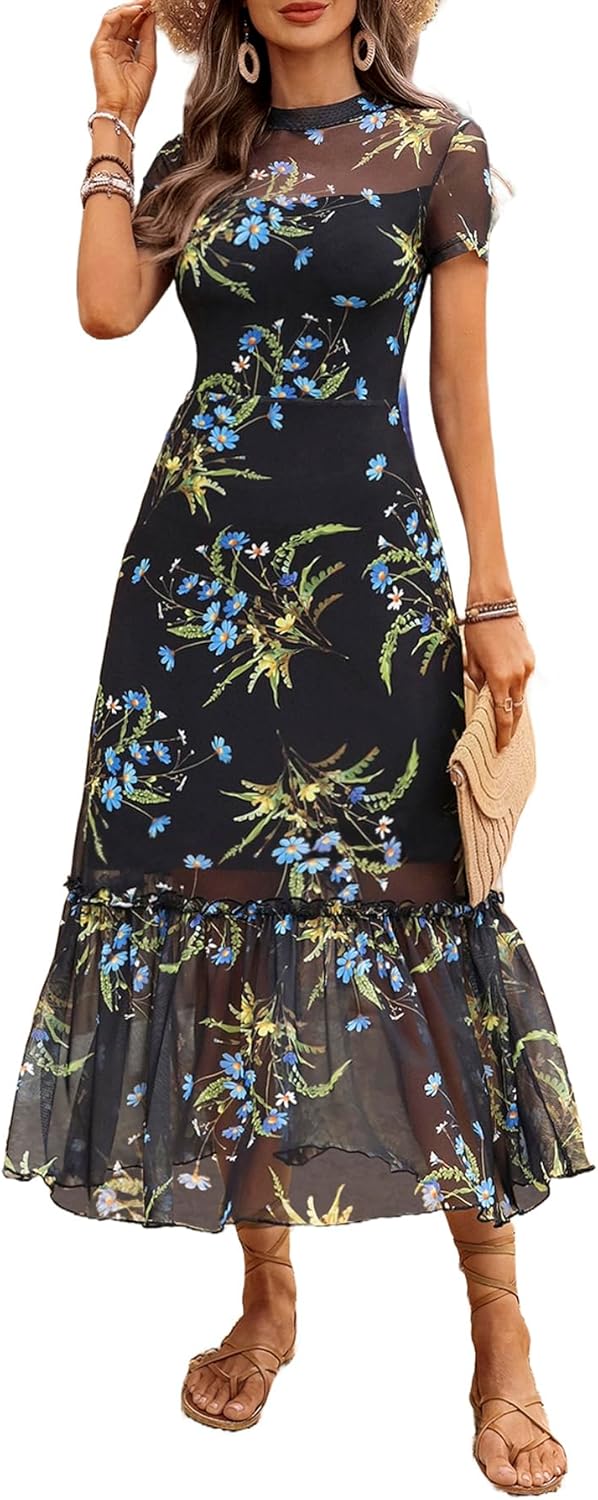 Floral Mesh Ruffle Maxi Dress for Women - Casual Summer Wedding Guest Dress | Short Sleeve, Waist-Cinched