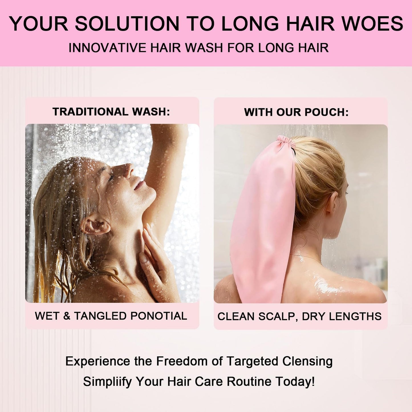 Waterproof Hair Sleeve for Long Hair, Crown Washing Shower Cap Ponytail, Reusable Adjustable, Quick Root Refresh for Shower Gym Travel Pool Beach, Time Saver (Pink, 2PC)