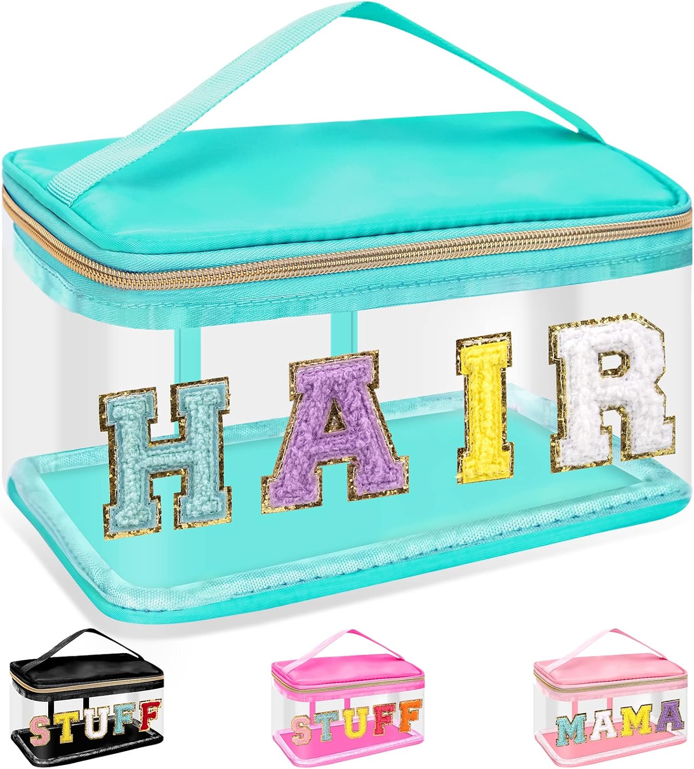 Clear Makeup Bag - Chenille Letter Hair Pouch | Waterproof Glitter Cosmetic Handbag for Travel - Green