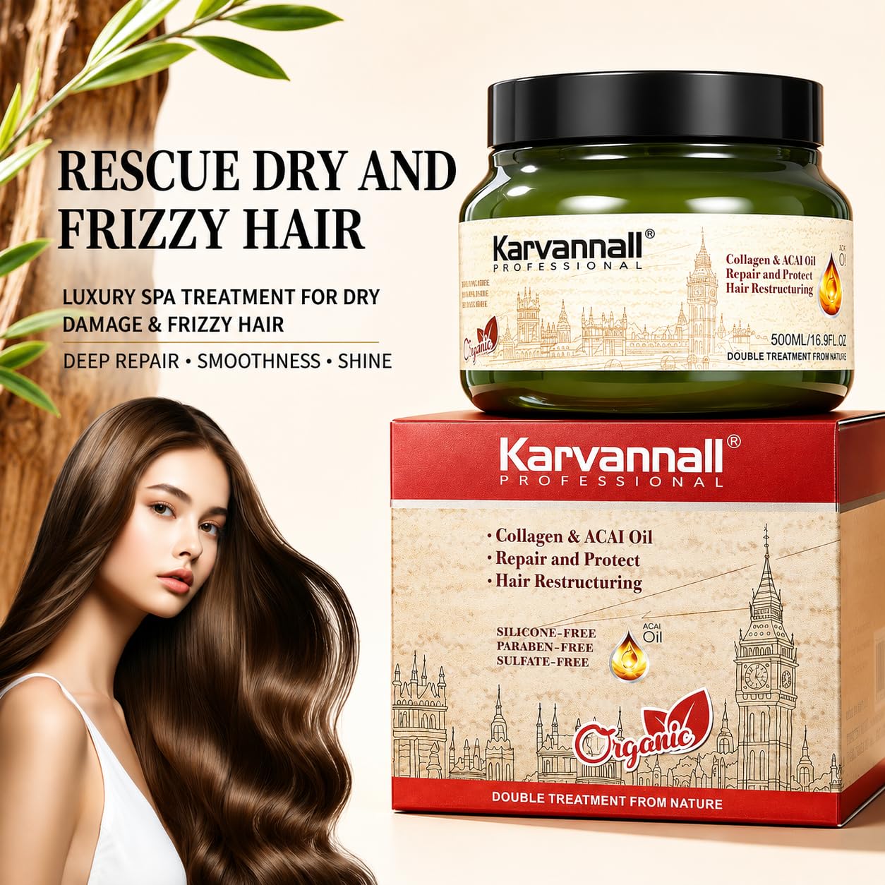 Karvannall Collagen with Acai Oil Hair Treatment Mask 16.9 fl oz - Damage Repair Hair Treatment Cream for Dry, Damaged & Color-Treated Hair, Sulfate & Paraben-Free 500 ml