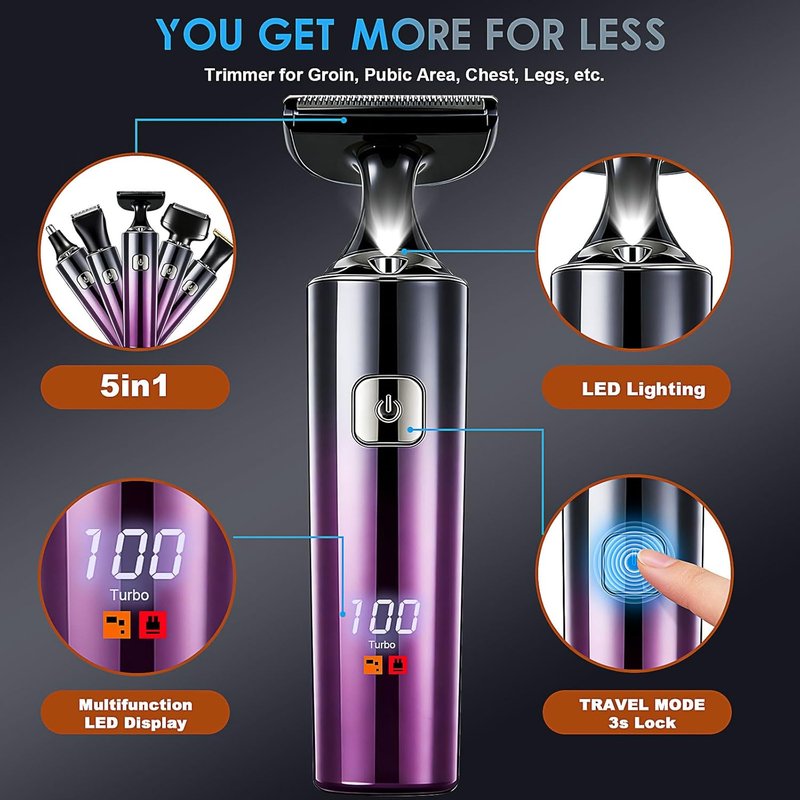 Men's Back Shaver - 5-in-1 Rechargeable Trimmer with LED Display & Long Handle | IPX7 Waterproof, Safety Lock (Purple)