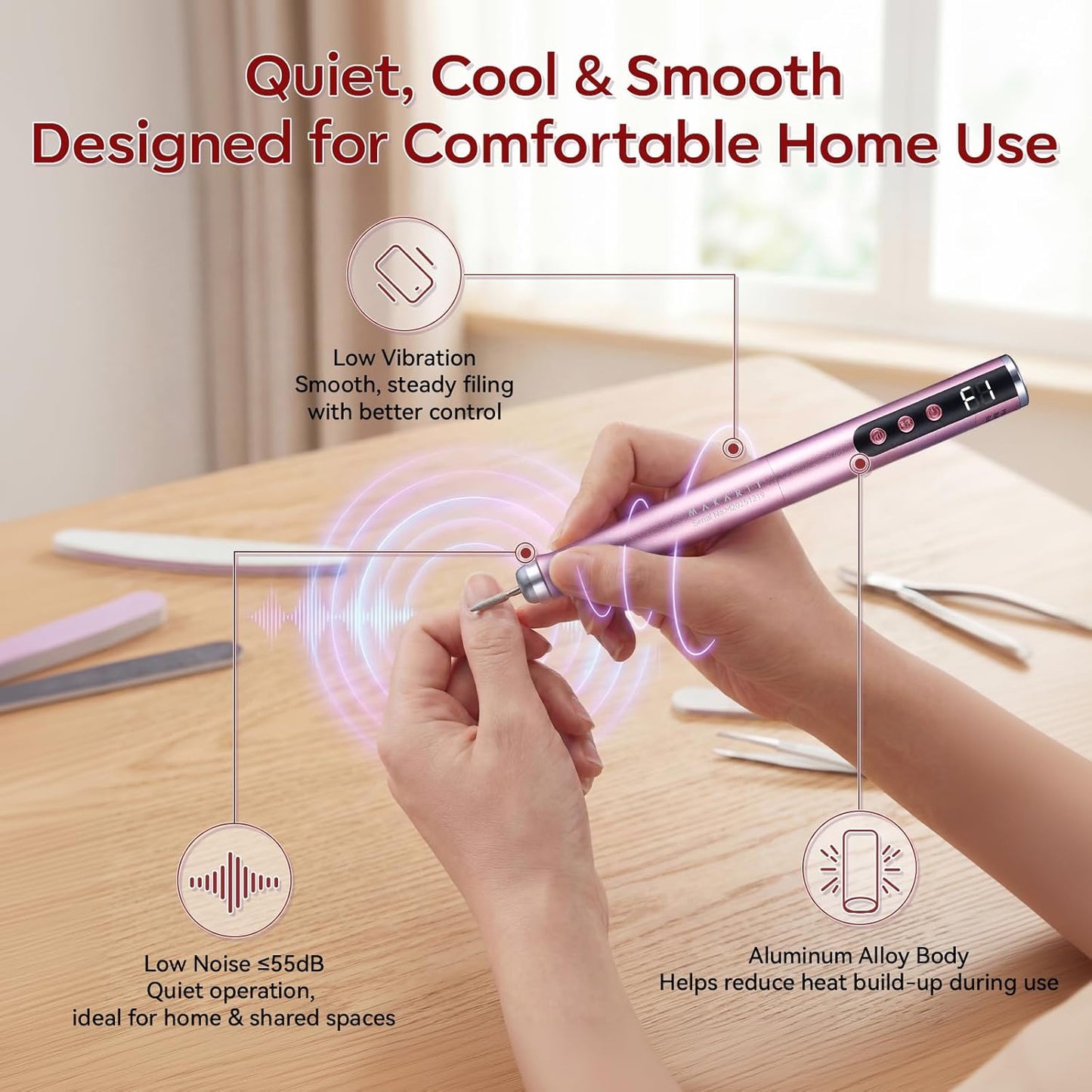 Rechargeable Nail Drill - 25,000 RPM Cordless Electric File | Lightweight E-File Kit for Gel Polish Removal (Pink)
