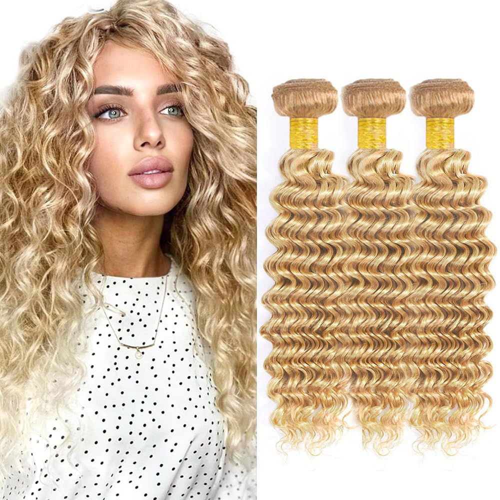 30 32 34 Inch DiexrLmax Hair 27/613 Bundles Highlight Deep Wave Bundle 8A Grade Brazilian Virgin Hair 3 Bundles Double Weft Color #27 Hair Weave