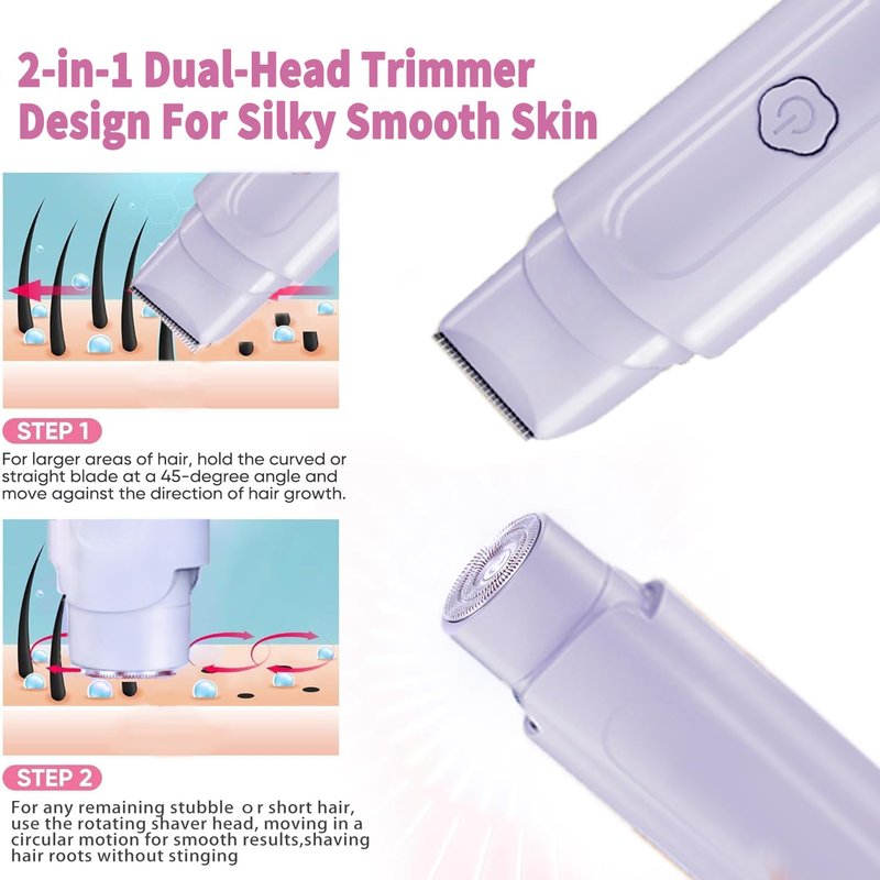 2-in-1 Electric Shaver & Bikini Trimmer for Women - Painless Electric Razor for Face, Body & Intimate Areas, Ultra Silent Cordless Wet/Dry Shaver with Dual Blades, IPX7 Waterproof for Shower & Travel
