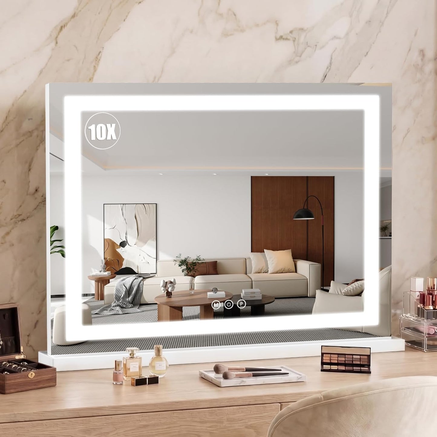 LED Makeup Mirror with Lights - 15" x 12.2" Dimmable Vanity Mirror with Smart Touch & 3-Color Lighting | 360° Rotation, White