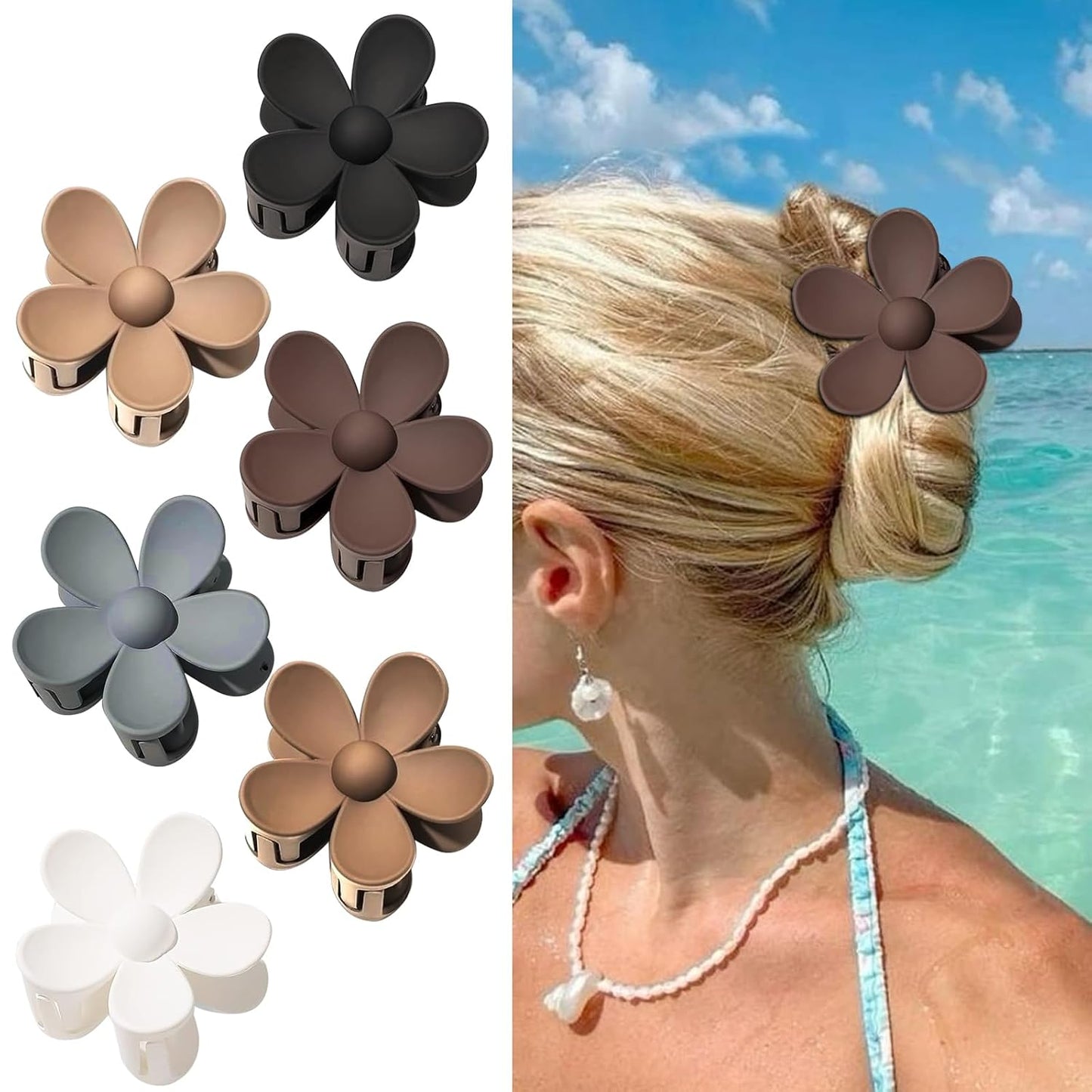 Matte Flower Hair Clips - 6Pcs Nonslip Strong Hold for Women | Hawaiian Plumeria & Daisy Beach Accessories