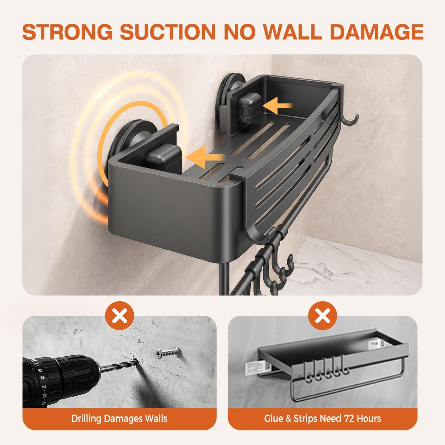 Lekesky Suction Cup Shower Caddy, No Drill Shower Shelf, Aluminum Rust Proof Bathroom Shower Organizer with 12 Hooks (2-Pack, Gunmetal Gray