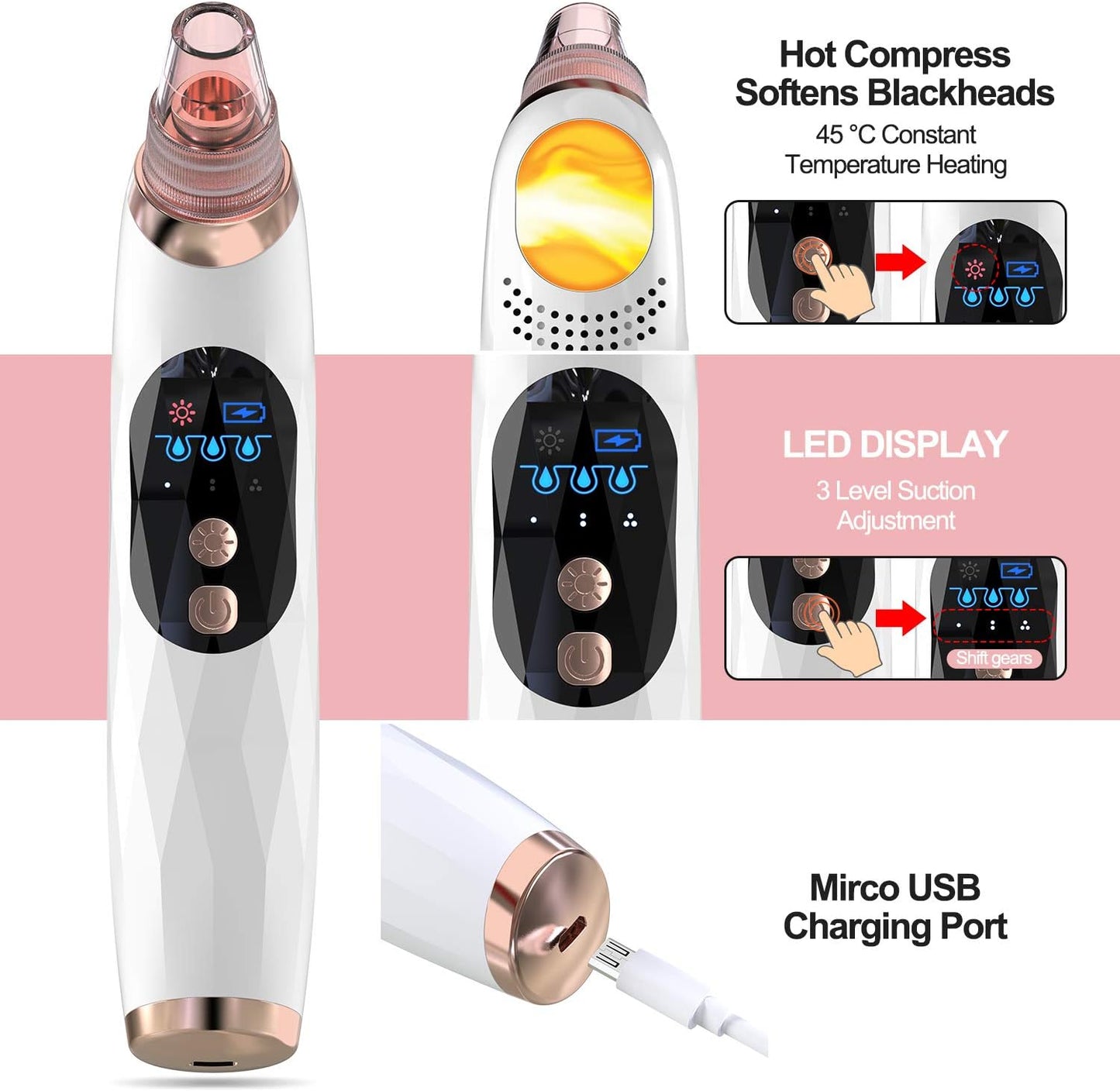 Blackhead Remover Pore Vacuum - Upgraded Electric Face Cleaner with 5 Suction Heads & LCD Screen | Acne & Whitehead Removal Tool