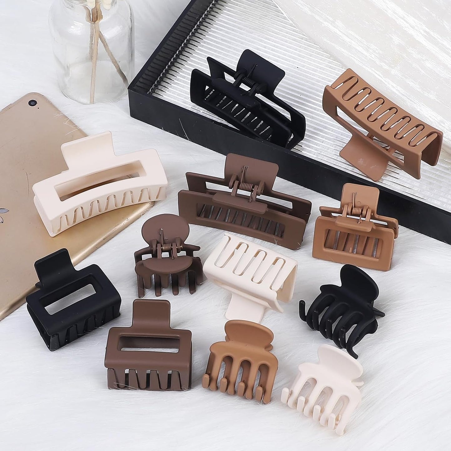 12 Pcs Hair Clips for Women - Strong Hold Non-Slip Claw Clips in 3 Styles | Ideal for Thin, Thick, Curly Hair (Brown)