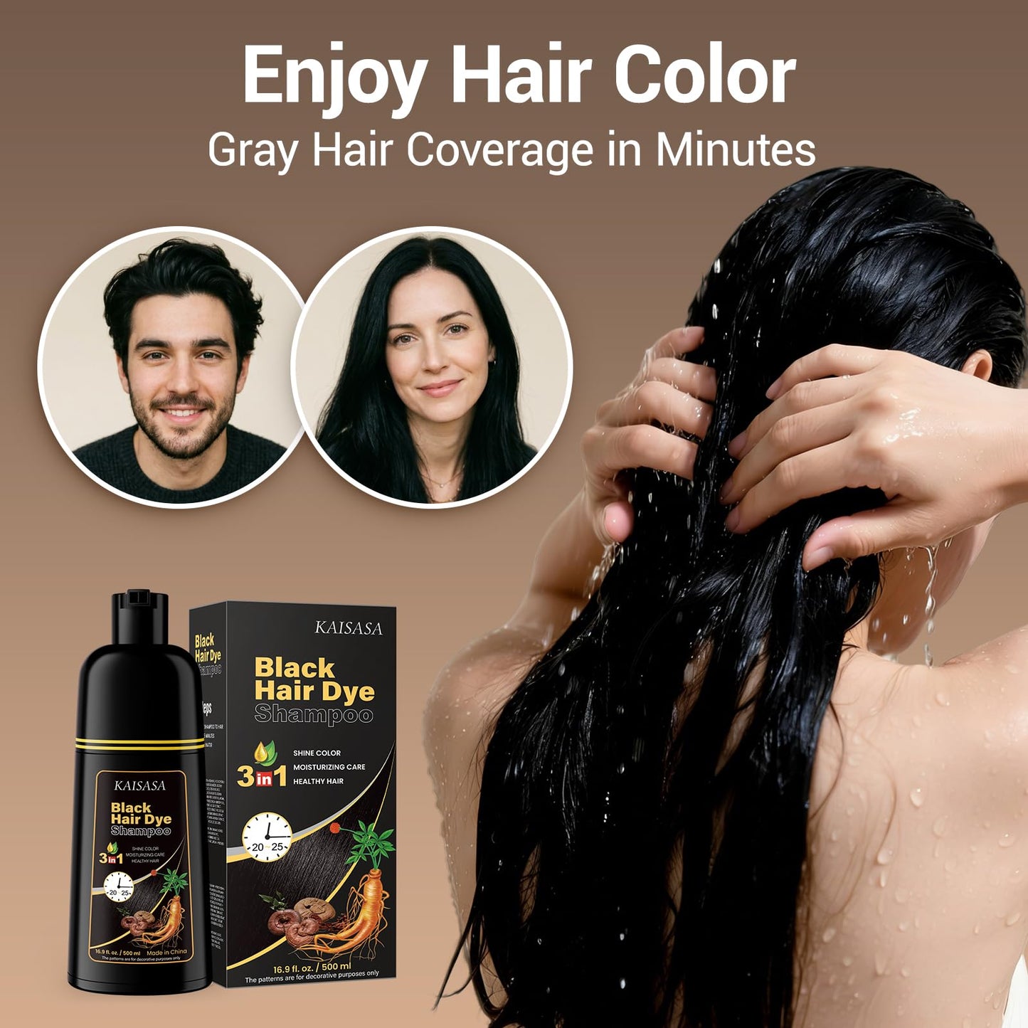 IIIMEIDU Hair Dye Shampoo for Gray Hair Coverage, 3 in 1 Natural Black Dye for Women Men, 500ml