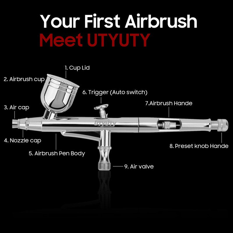 UTYUTY Airbrush Kit with Air Compressor,Portable 27PSI 7 Pressure Levels, 35dB Ultra-Quiet,Dual-Action 0.3mm Airbrush Gun for Beginners,Painting,Models,Makeup,Crafts & Cake Decor