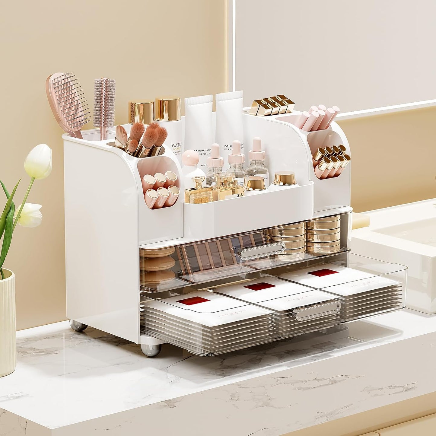 Makeup Organizer for Vanity - 2 Large Drawers & Brush Holders | White Cosmetic Display Case for Skincare & Perfume