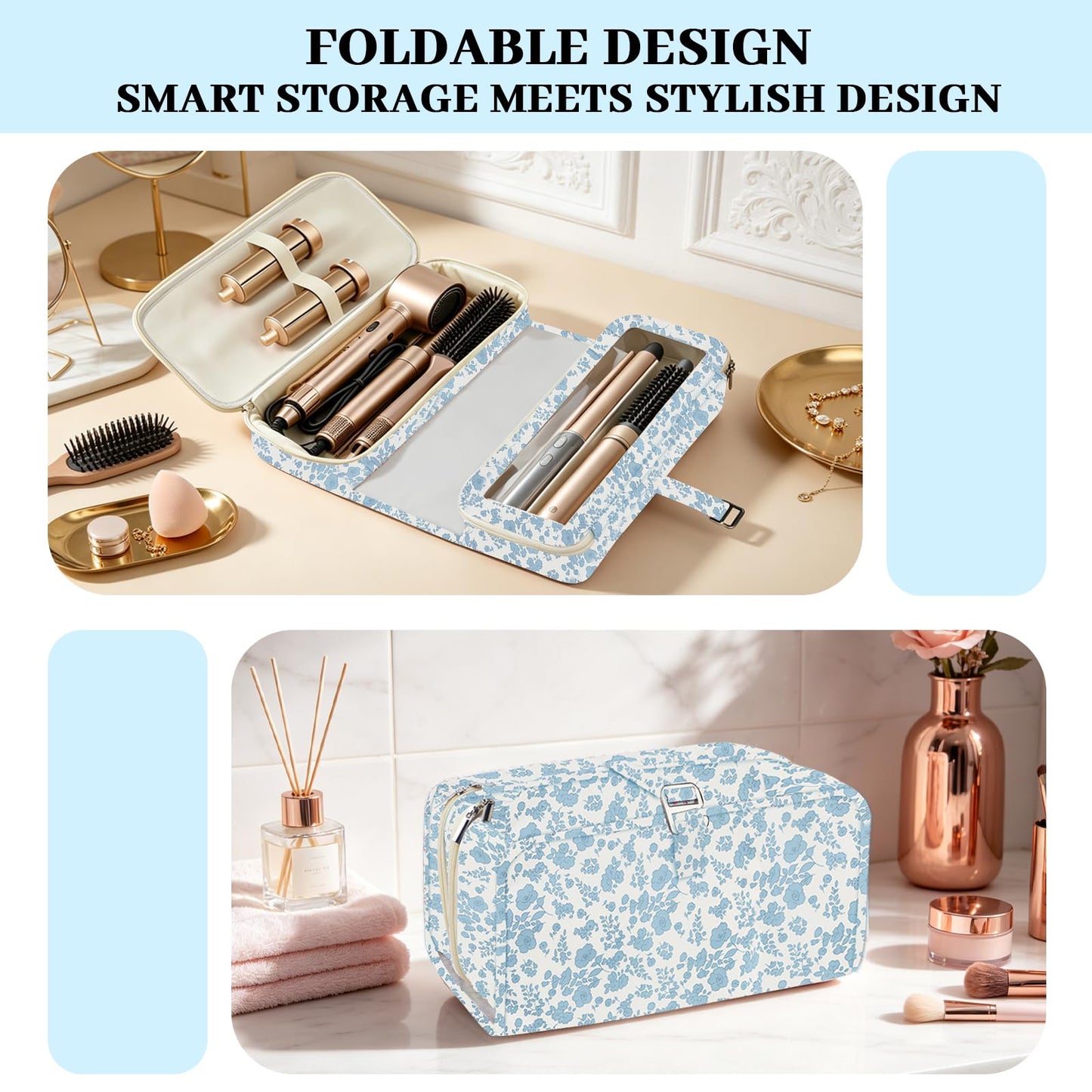 Hair Tools Travel Bag with Heat Resistant Mat Compatible with Shark Flexstyle, Cute Cotton Quilted Floral Hair Tools Travel Bag for Straightener, Curling Iron and Hair Dryer, Portable Organizer (Blue)