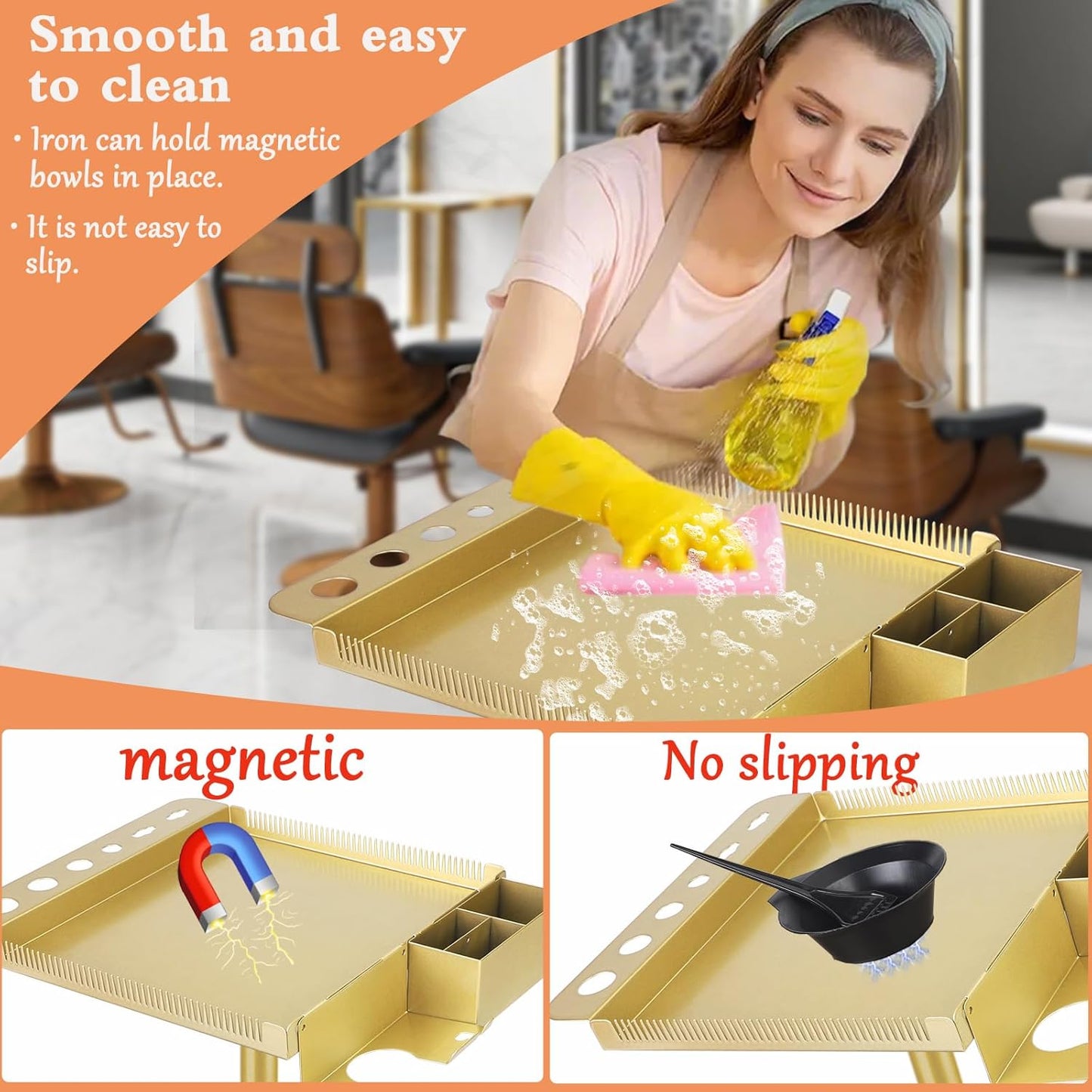 Multi-Function Salon Tray - Rolling Hair Cart with Storage & Separator Stand | Gold Finish