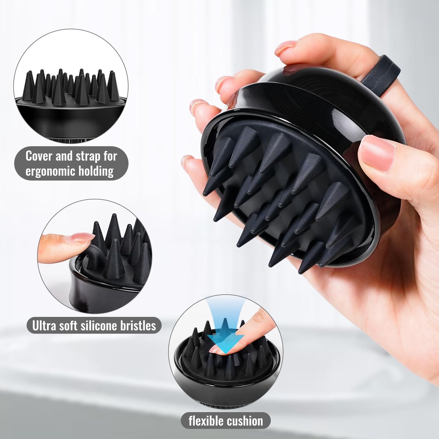 SHINLEA 2 in 1 Scalp Massager Hair Growth,Scalp Scrubber with Soft Silicone Bristles for Dandruff Removal,Shampoo Brush for Exfoliation,Head Massager for Both Wet and Dry Use (Black)