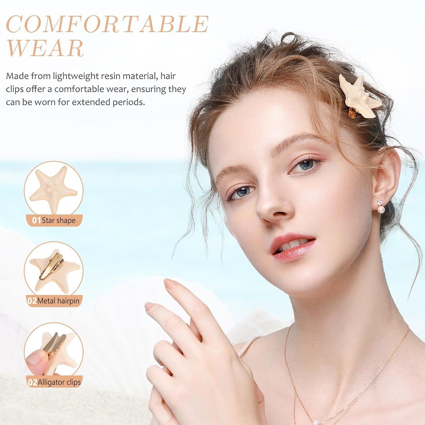 Starfish Hair Clips - 10 Pcs Realistic Resin Mermaid Barrettes | Nonslip Beige Shells for Beach Theme Parties & Cosplay