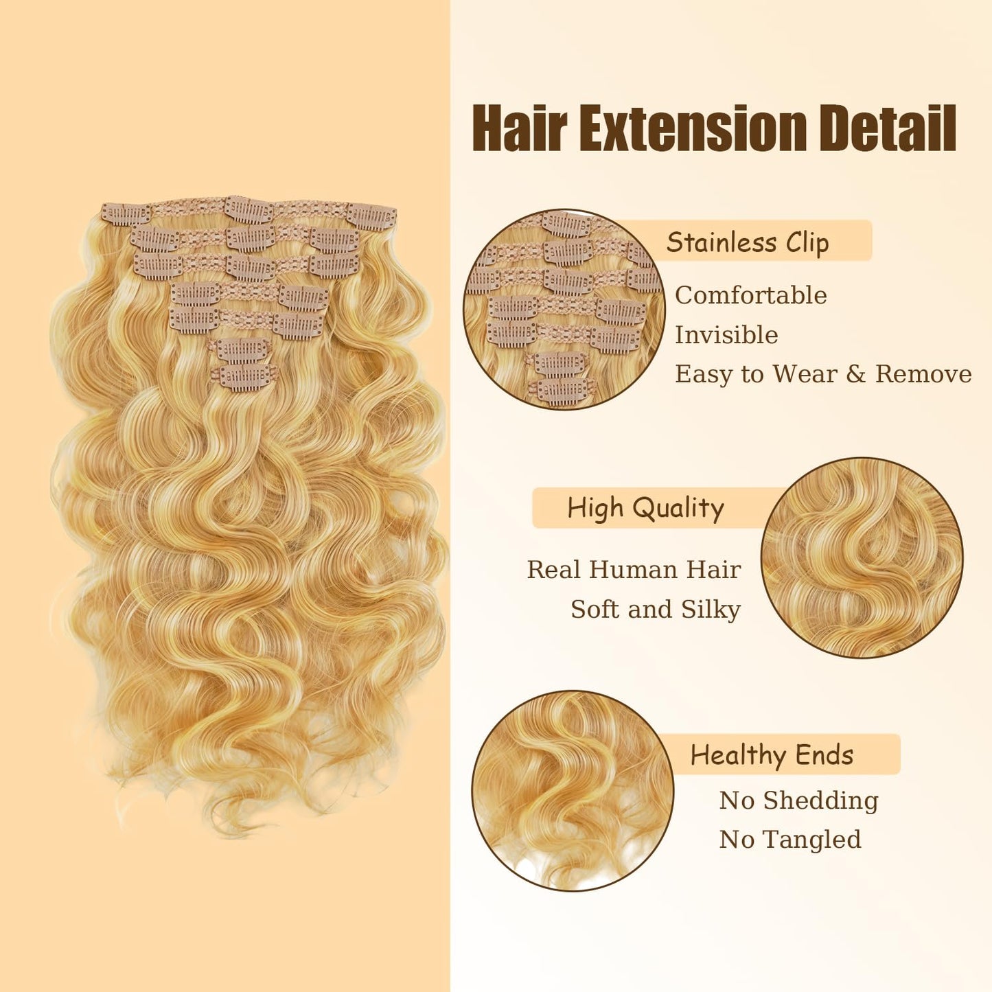 P27613 Blonde Clip in Hair Extensions Real Human Hair, 14 Inch 120g/7Pcs,Full Shine Remy Human Hair,Honey Blonde Body Wave Clip ins Brazilian Virgin Human Hair Extensions