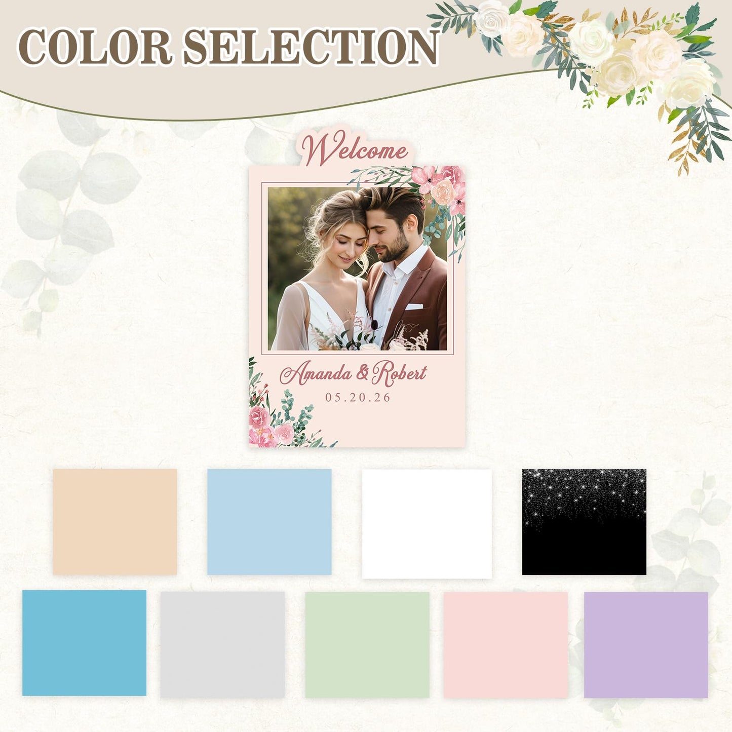 Byxhuc Custom Wedding Sign, Personalized Floral Wedding Welcome Sign with Couple Photo Names Date, Customized KT Board Welcome Sign for Ceremony Reception Bridal Engagement Party