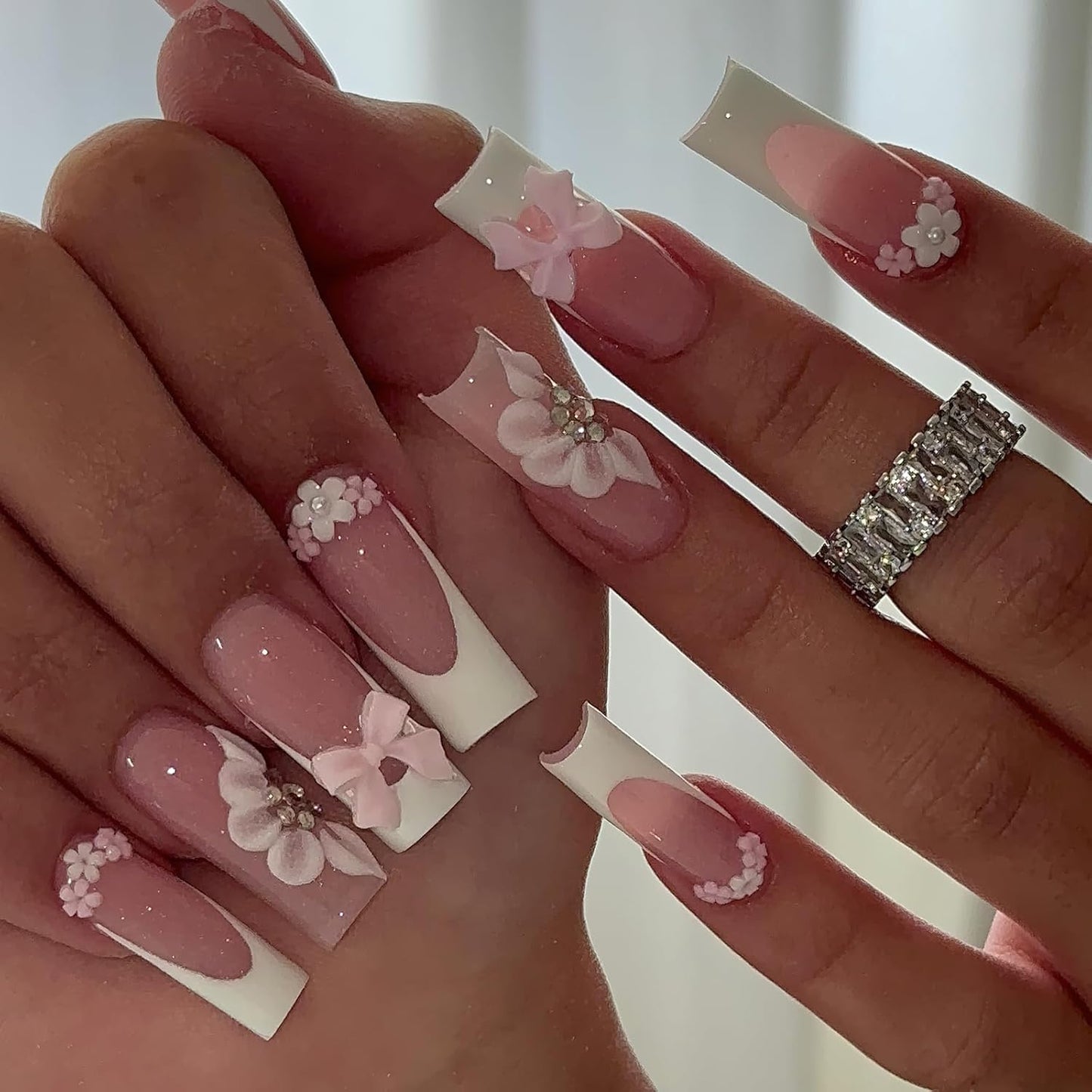 Press On Nails - White French Tip Long Square Design with 3D Flowers & Rhinestones | 24 Reusable Full Cover Nails