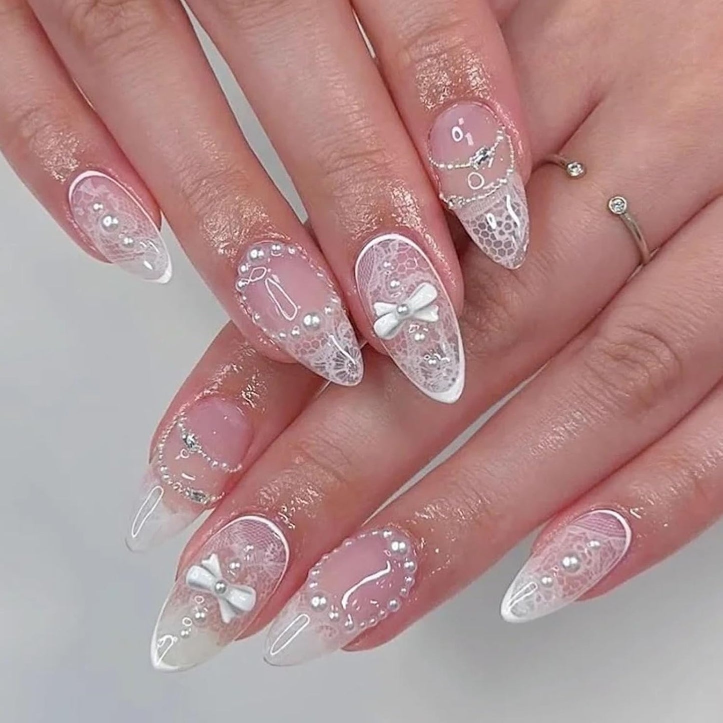 French Tip Press-On Nails - Medium Almond Shape with 3D Bow & Pearl Charms | 24 Pcs Spring Design
