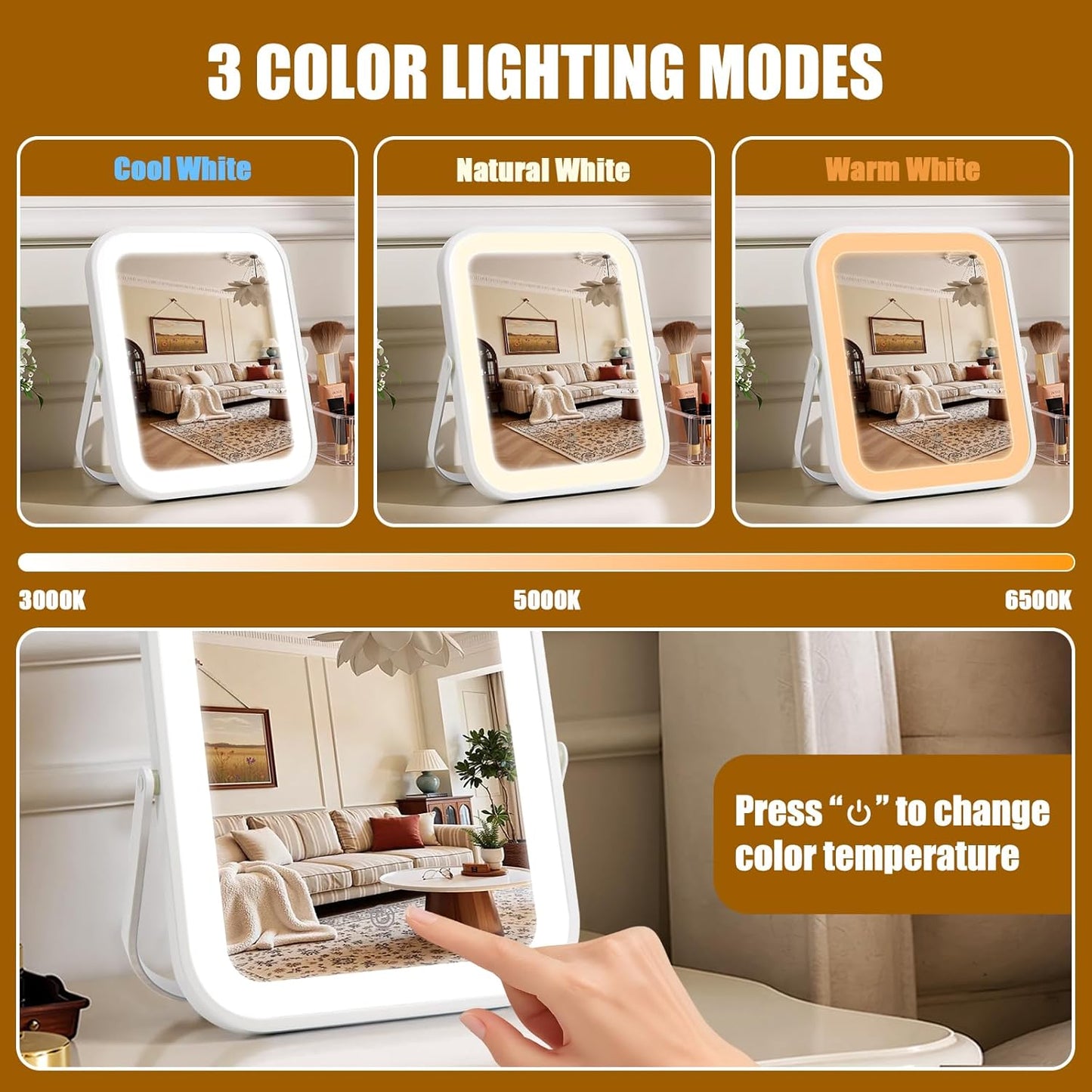 Rechargeable Makeup Mirror with Lights - 10"×8" Dimmable HD Vanity Mirror | Smart Touch, 3-Color Lighting, Portable Travel Essential