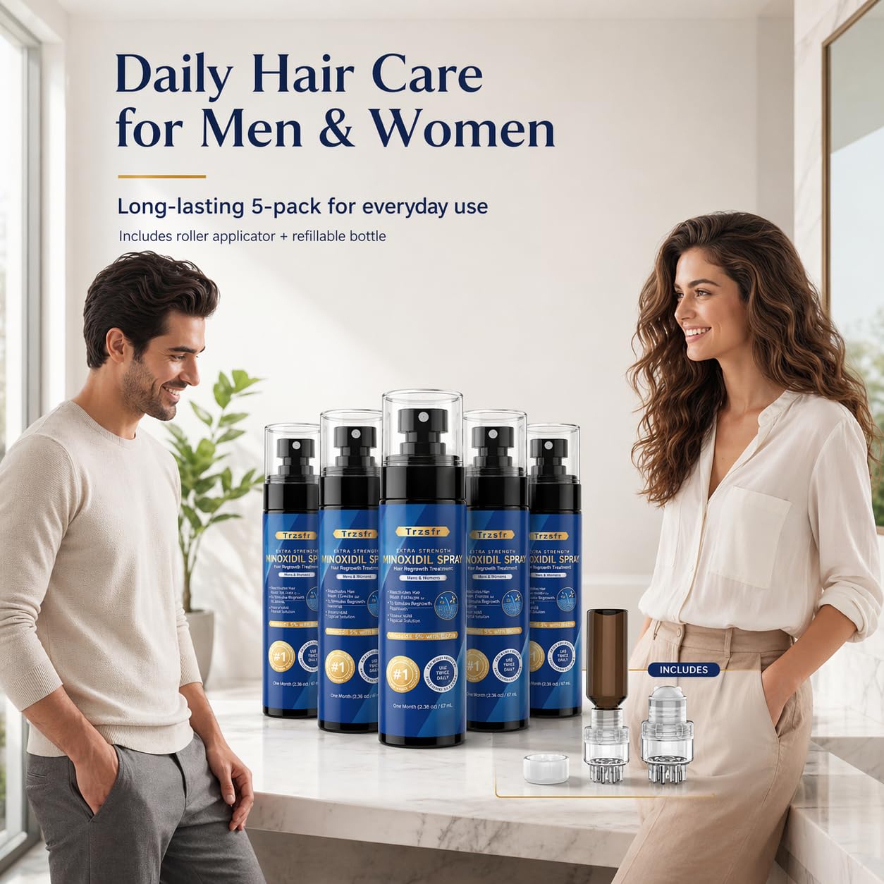 5% Minoxidil Spray for Men & Women with Roller Applicator, 5 Pack Hair Regrowth Treatment Infused with Biotin, Direct Bottle Connection for Precise Scalp & Beard Application, 16.9oz 8 Month Supply