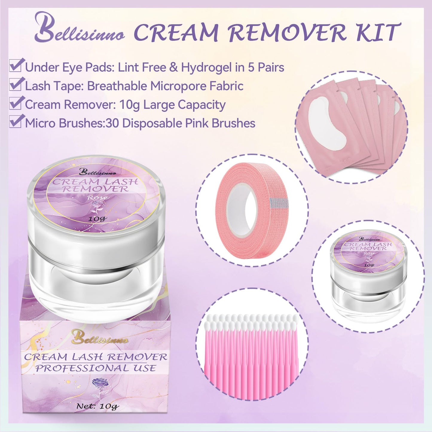 Bellisinno Eyelash Remover for Extensions, Eyelash Extension Remover Rose Scent, Lash Remover for Lash Extensions with Eye Pads, Non-Irritating, No Residual Fast Remover Kit,10g