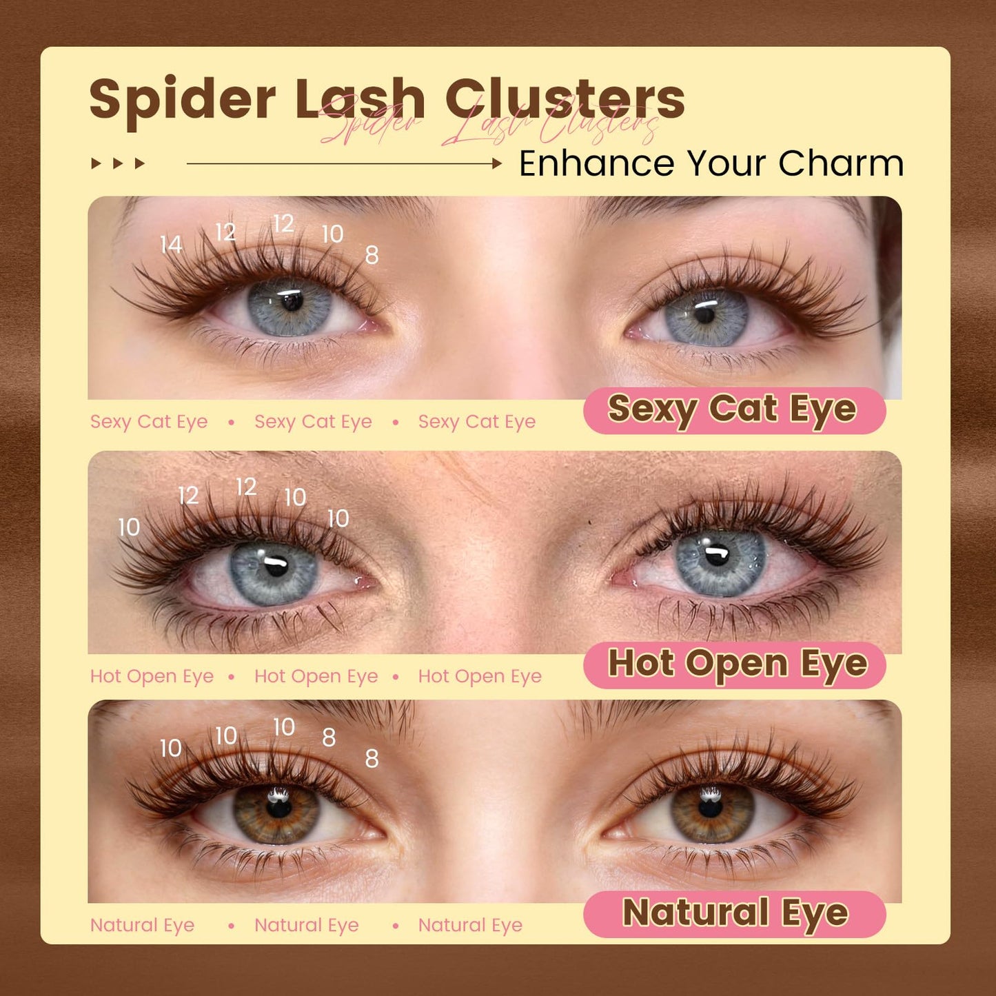 PRO LASHBEAUTY Brown Lash Clusters Spider Lash Extensions Wispy Eyelash Clusters Natural Lashes Clusters for Everyday Wear Beginner Friendly Dark Brown Cluster Eyelash Extensions(Breeze,8-16mix)