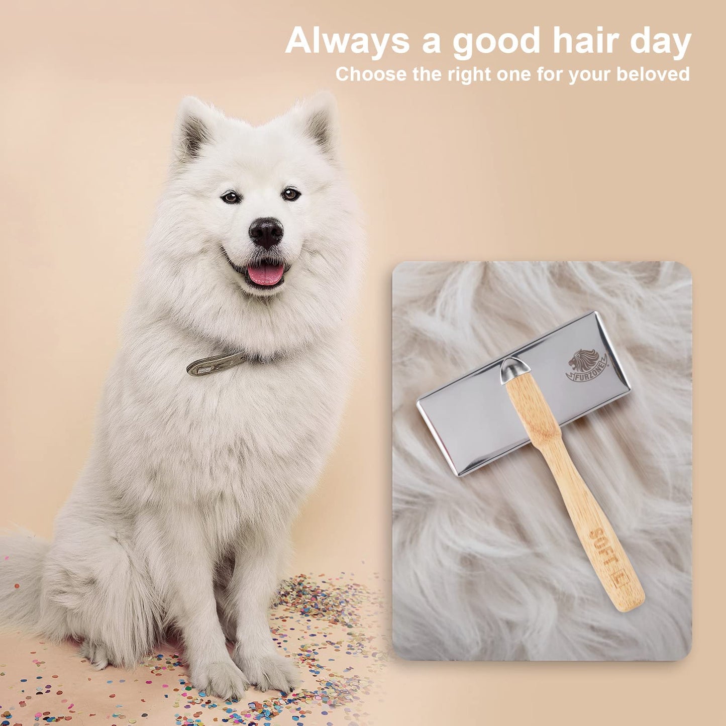 Furzone Wooden Slicker Brush for Dogs (Size L) - Stainless Steel Soft Pin Grooming Brush for Dogs