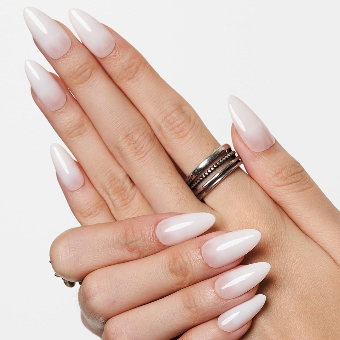 Press On Nails | Medium Almond White Ombre Gel False Nails - Reusable Short Stiletto & Oval Acrylic Manicure Set