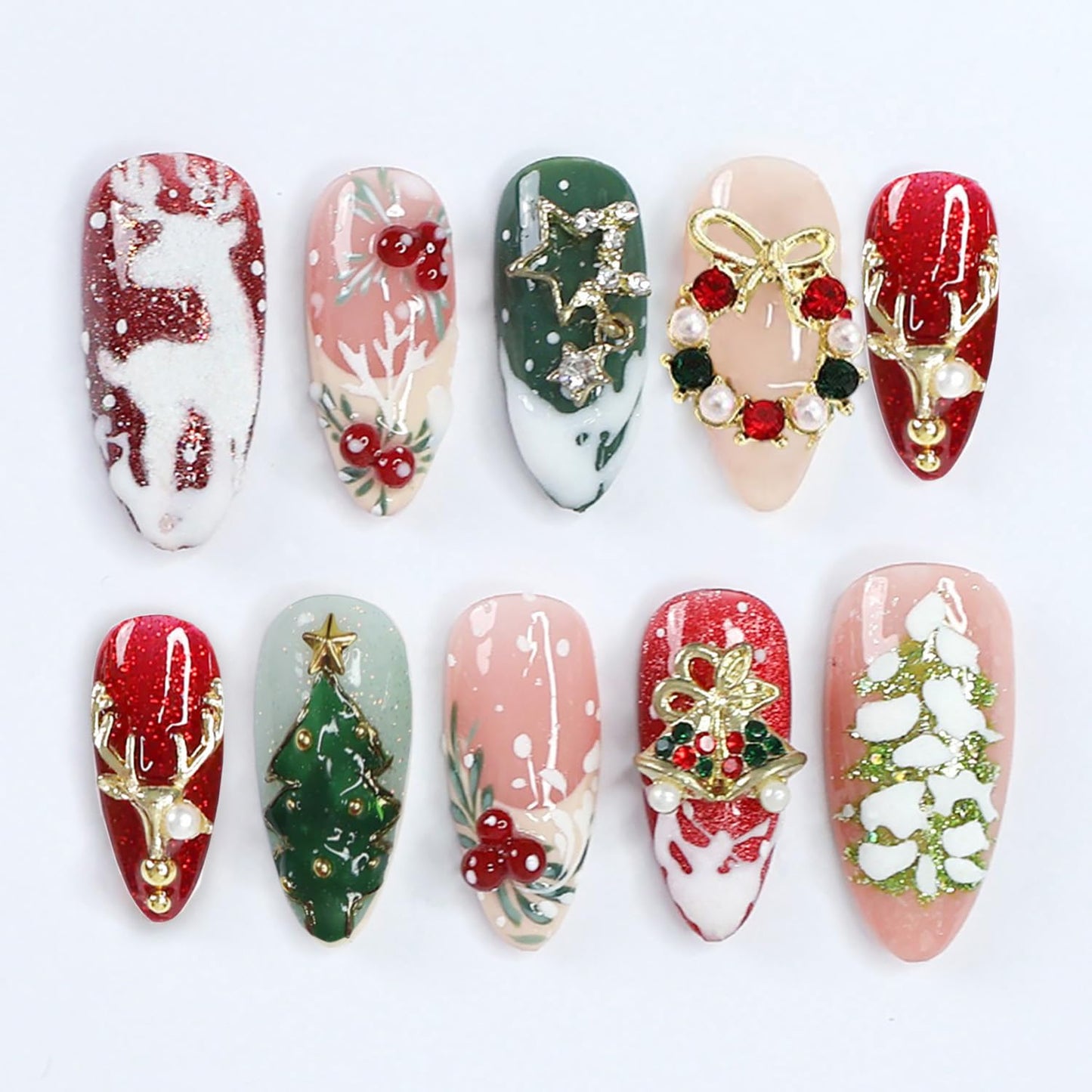 French Tip Press-On Nails - 24 Pcs Medium Almond with 3D Flower & Gold Rhinestones | Full Cover Nude Artificial Nails