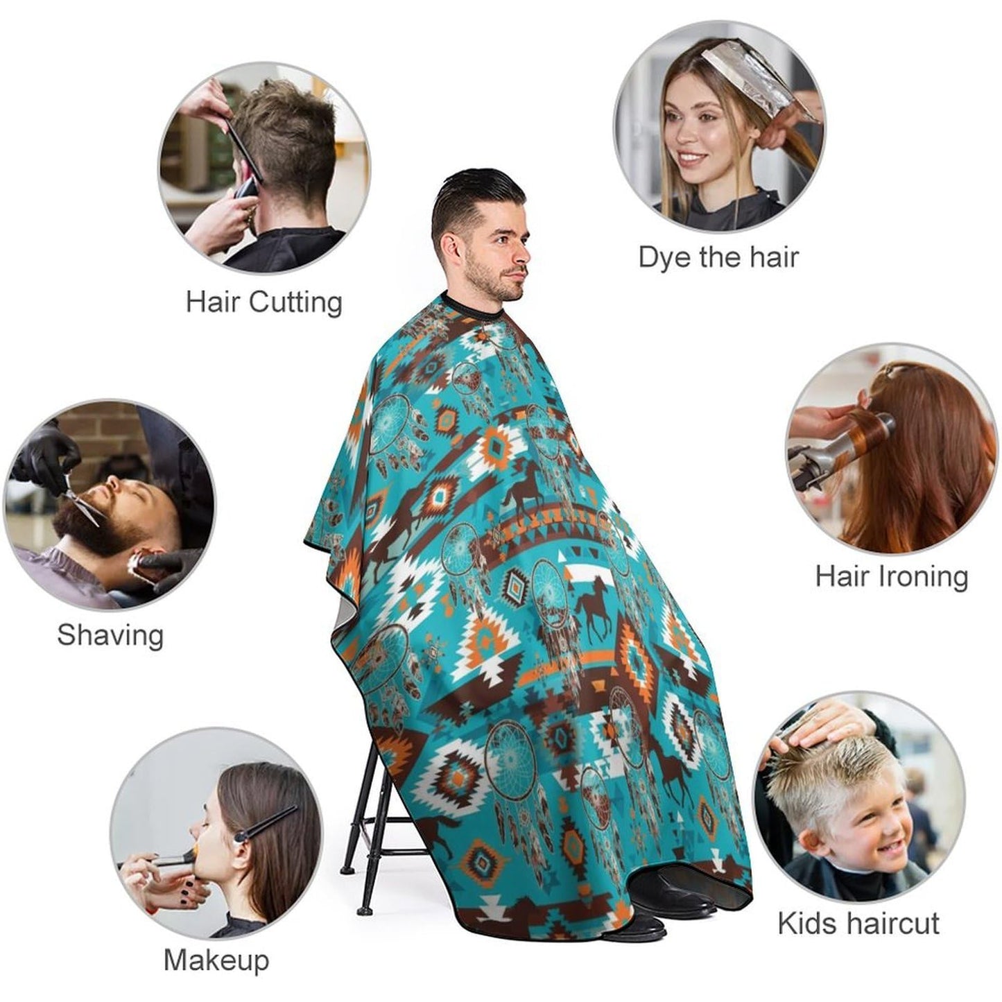 Fashion Hair Cutting Barber Cape, Professional Haircut Salon Cape for Men Women Southwest Native American Ethnic Horse Dreamcatcher Art Turquoise