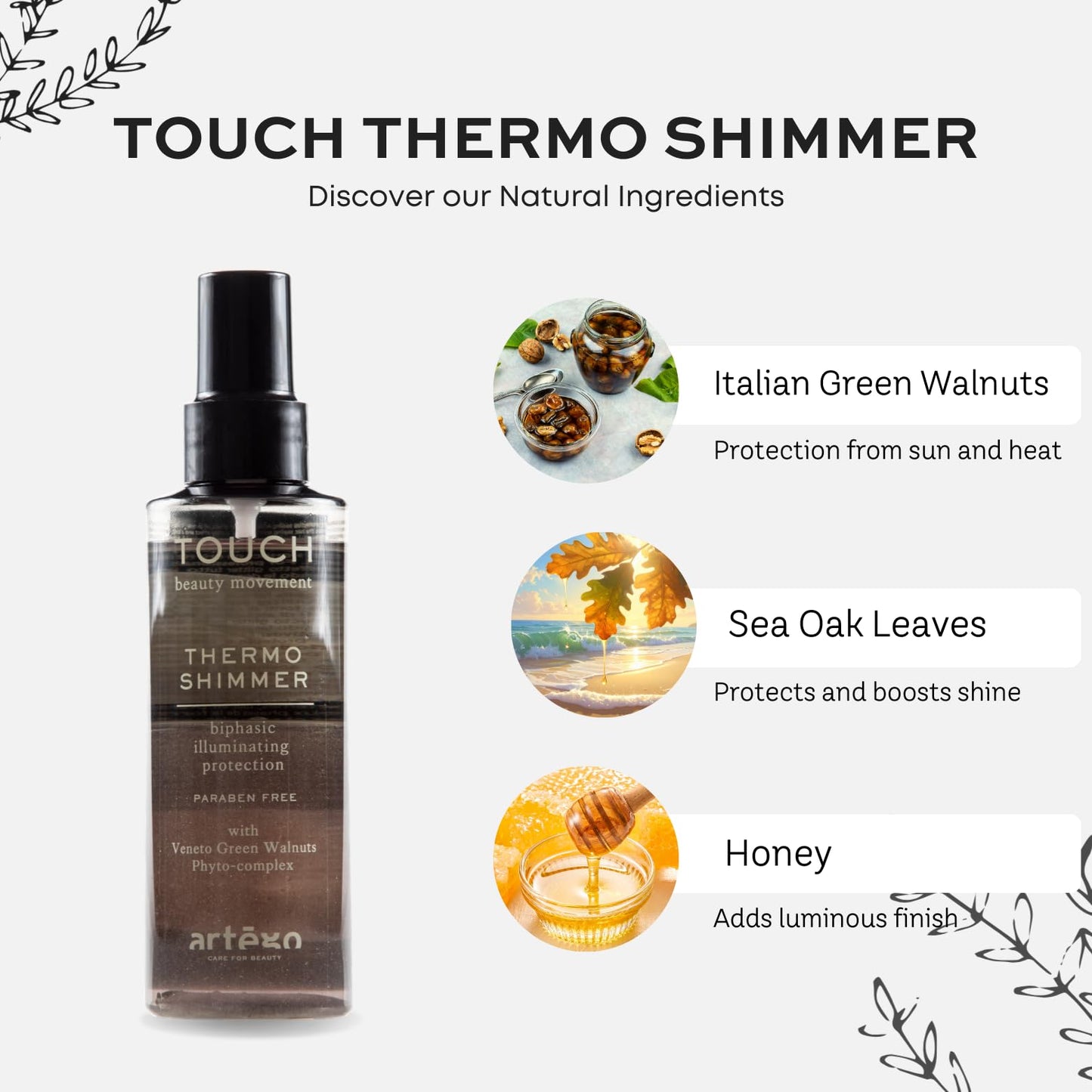 Artègo TOUCH Thermo Shimmer Spray (5.1 oz) – Biphasic Heat Protection & Shine Spray for Smooth, Glossy, Frizz-Free Hair