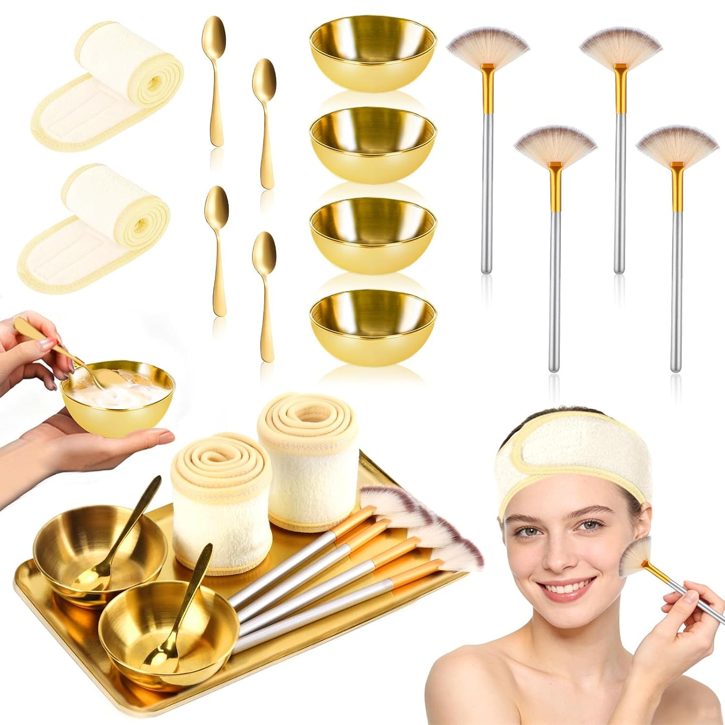 15 PCS Gold Esthetician Supplies Set - Face Mask Brushes, Mixing Bowls & Hair Wraps for Spa Use | Ideal for Salon Professionals
