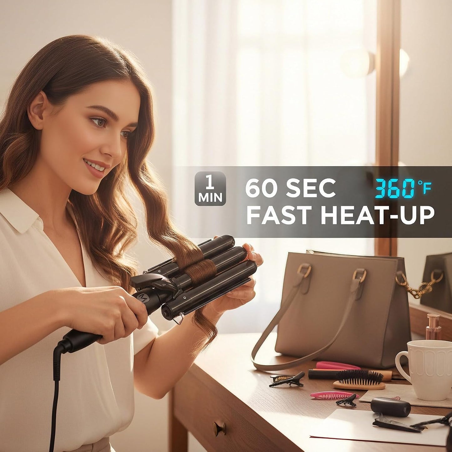 3 Barrel Curling Iron - 1 Inch Ceramic Tourmaline Hair Waver Wand with LCD Display | Fast Heating, Travel-Friendly, Black